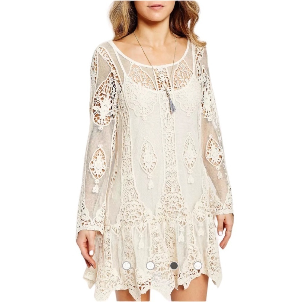 Jen's Pirate Booty cream cotton crochet sheer lace Mandolin Backless Mini dress - Picture 3 of 11